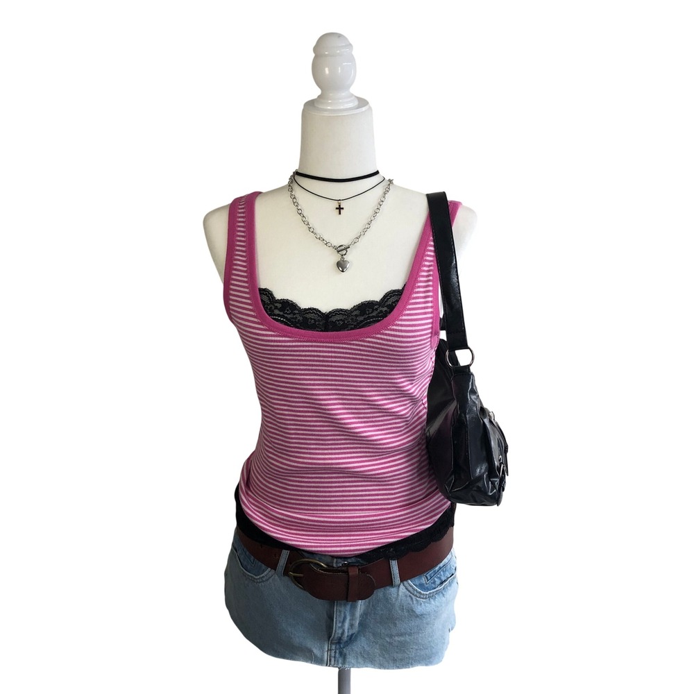Aerie Hot Pink White Striped Ribbed Tank Top Scoop Neck Y2K Womens Large